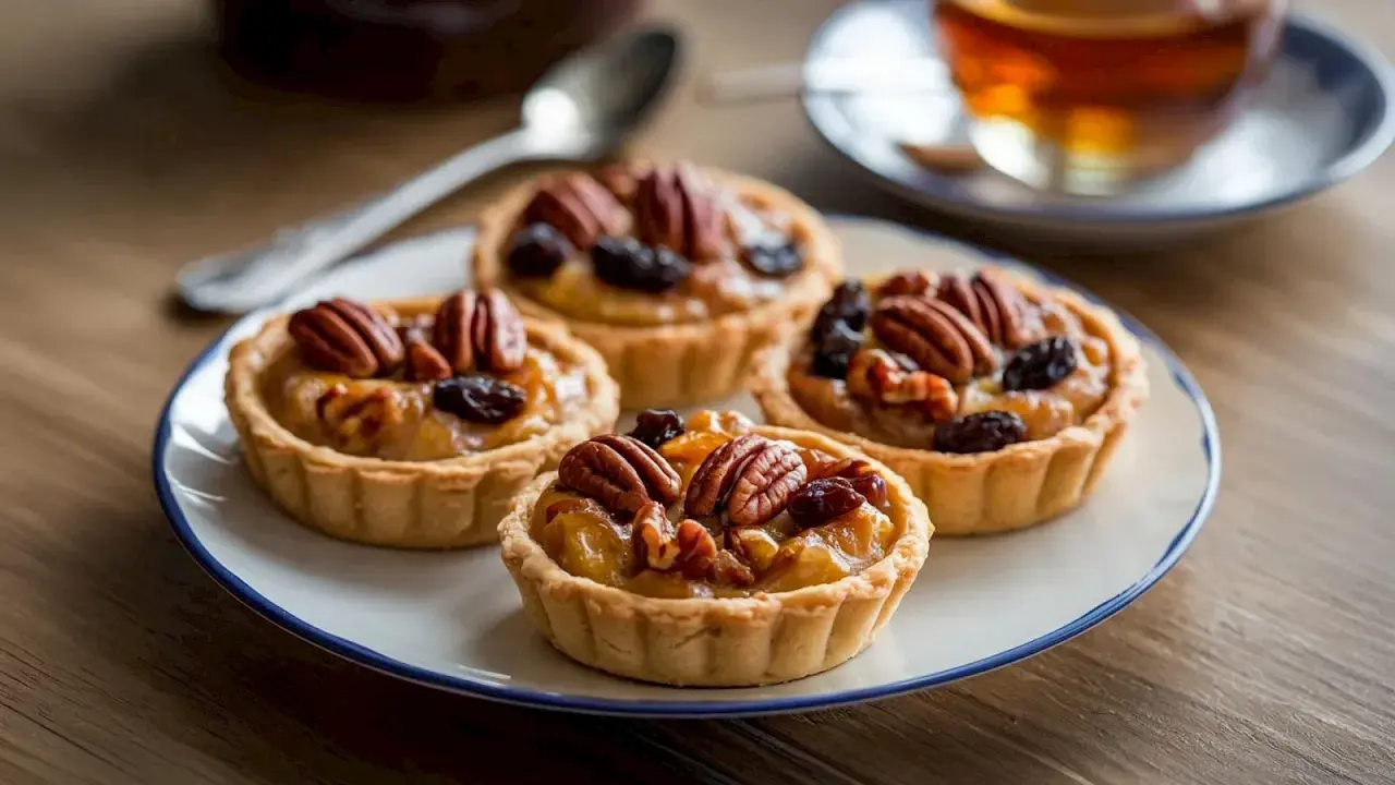 Vier kleine pekannuss tartelettes mit Rosinen auf einem Teller, daneben eine Tasse Tee und ein Löffel.