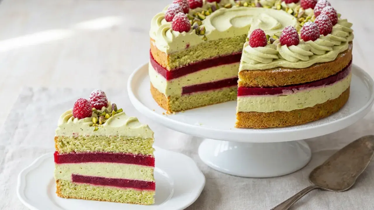 Eine wunderschöne Pistazien Torte mit Himbeerschichten und frischen Beeren. Ein Stück ist auf einem Teller angerichtet.