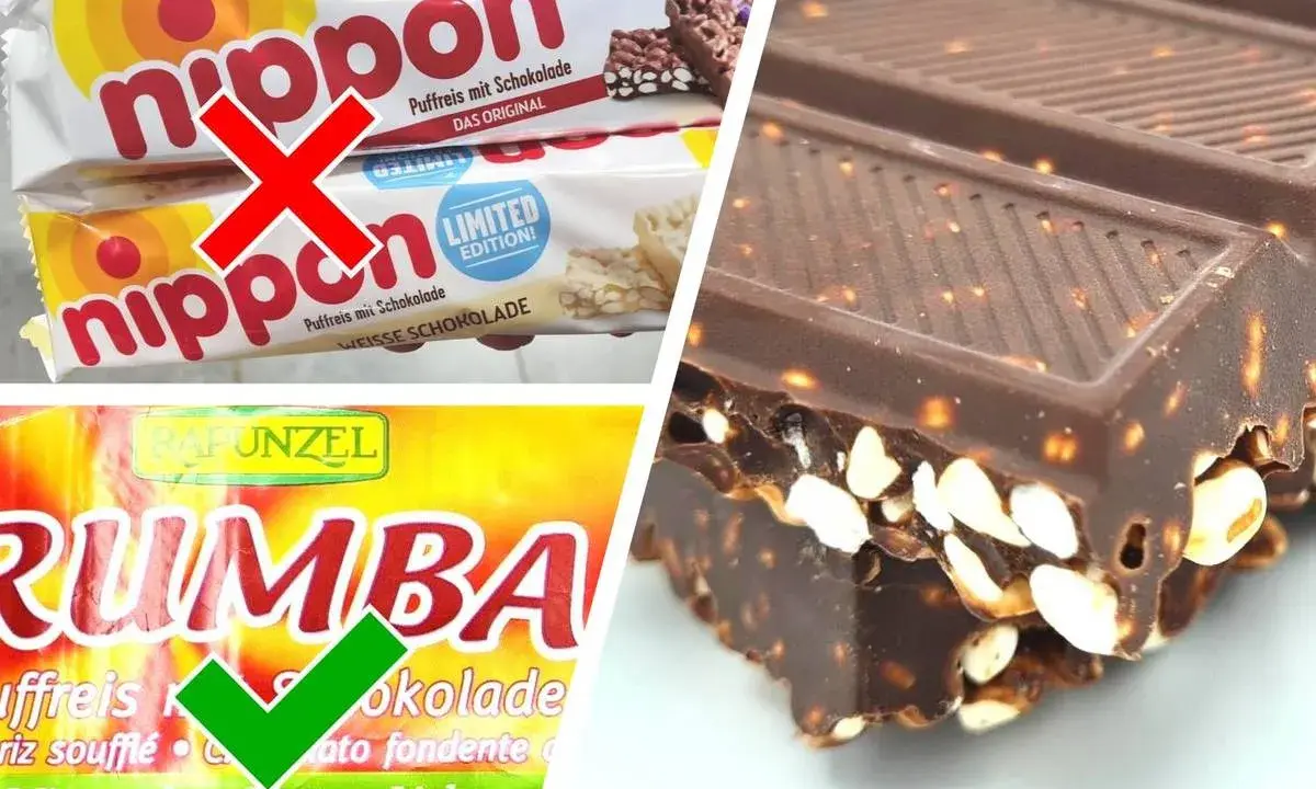 Ist Puffreis gesund? Nippon-Riegel mit rotem Kreuz, Rapunzel Rumba mit grünem Haken. Schokoriegel mit Nüssen und Reis.