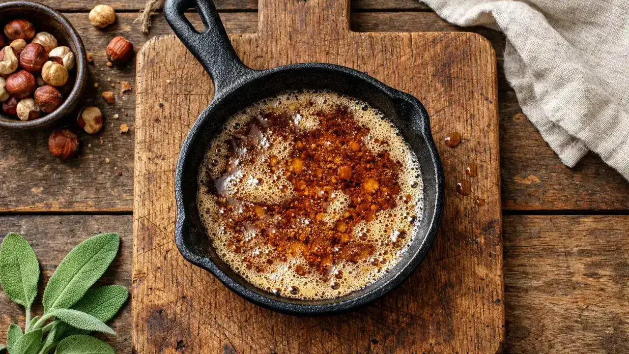 Bräunliche Butter zischt in einer Gusseisenpfanne. Daneben liegen Haselnüsse und Salbeiblätter. Das ist die Basis für köstliches Noisette.