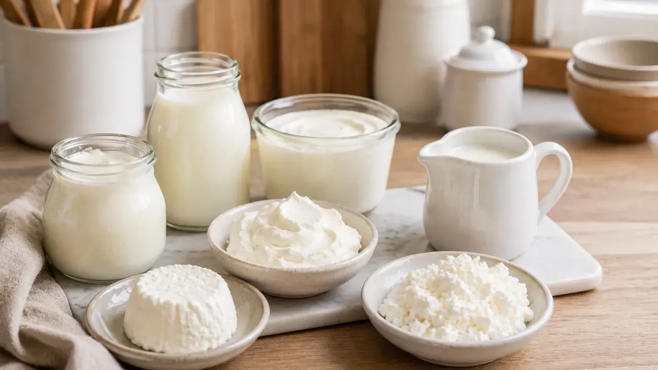 Verschiedene Milchprodukte, darunter Frischkäse, Quark und Joghurt, sind auf einem Holztisch arrangiert. Der fromage blanc deutsch ist cremig und frisch.