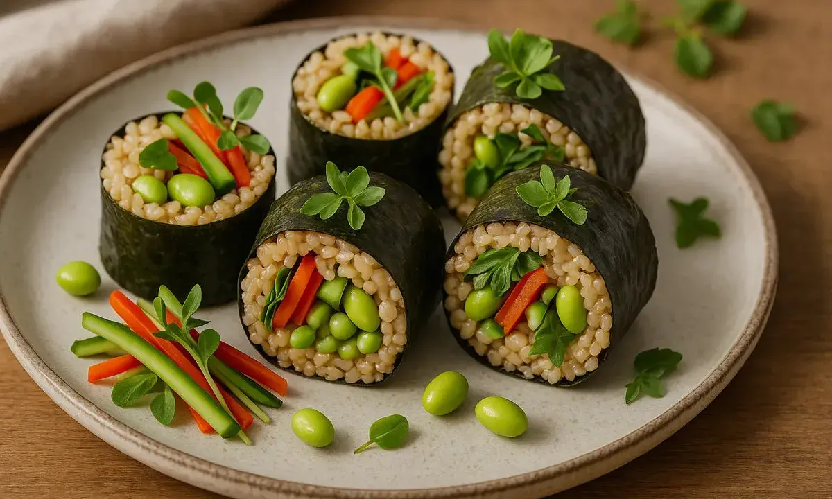 Sushi-Rollen mit braunem Reis, Edamame, Karotten und Gurken. Eine gesunde Mahlzeit voller Reis und Ballaststoffe.