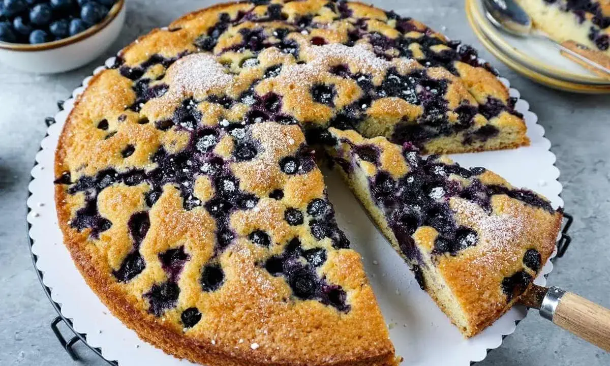 Saftiger Blaubeerkuchen, der nach viel Eiern schmeckt, mit Puderzucker bestäubt. Daneben eine Schüssel voller frischer Blaubeeren.