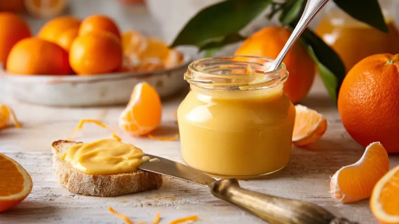 Ein Glas mit leuchtend gelbem orange curd steht neben frischen Orangen und einer Scheibe Brot, die damit bestrichen ist.