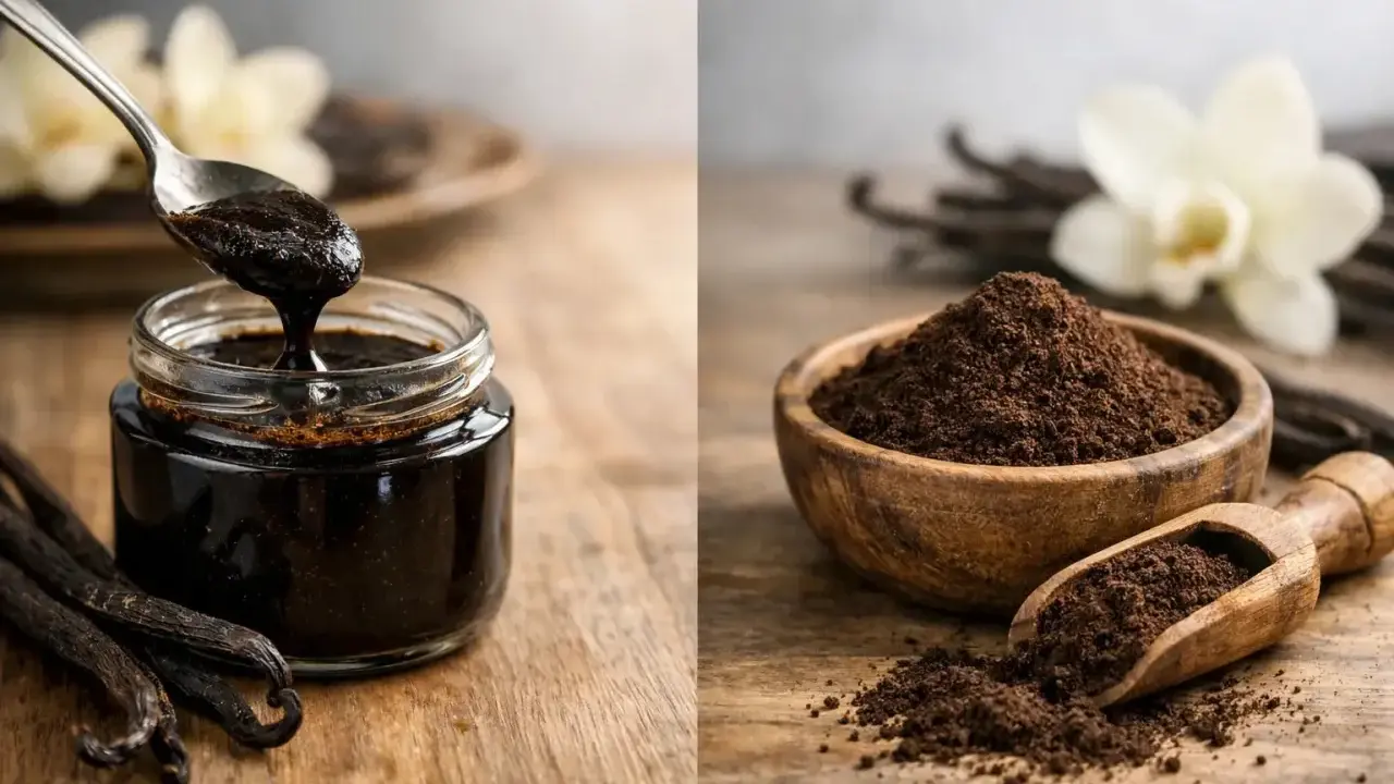 Vanillepaste in einem Glas und Vanillepulver in einer Holzschale. Beides zeigt, was ist vanillepaste und wie sie hergestellt wird.