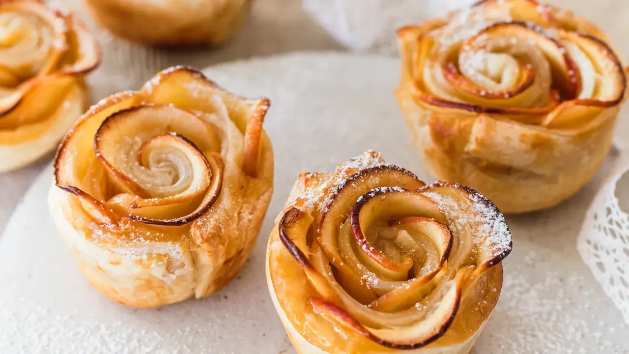 Goldbraune Apfelrosen, perfekt zum Vortag backen, mit Puderzucker bestäubt.