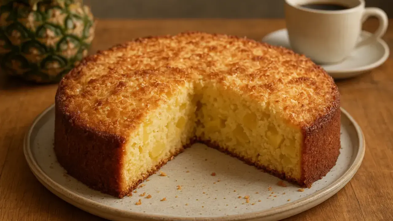 Ein saftiger **Ananas Kokos Kuchen** mit goldbrauner Kruste und Stückchen von Ananas im Inneren. Daneben eine Tasse Kaffee und eine frische Ananas.