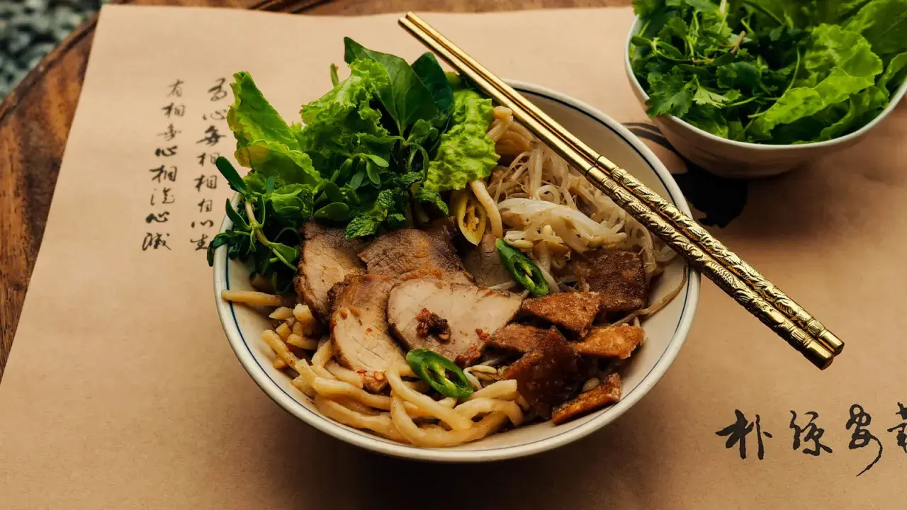 Cao Lau: Nudelschüssel mit Schweinefleisch, Sprossen und Kräutern, garniert mit knusprigen Krusten. Goldene Stäbchen ruhen auf dem Gericht.