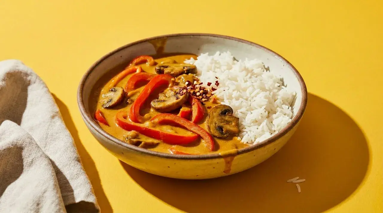 Schüssel mit Reis und rotem Curry, das mit Paprika und Pilzen verfeinert ist. Ein Hauch von Chiliflocken deutet an, dass dieses rote Curry scharf ist.