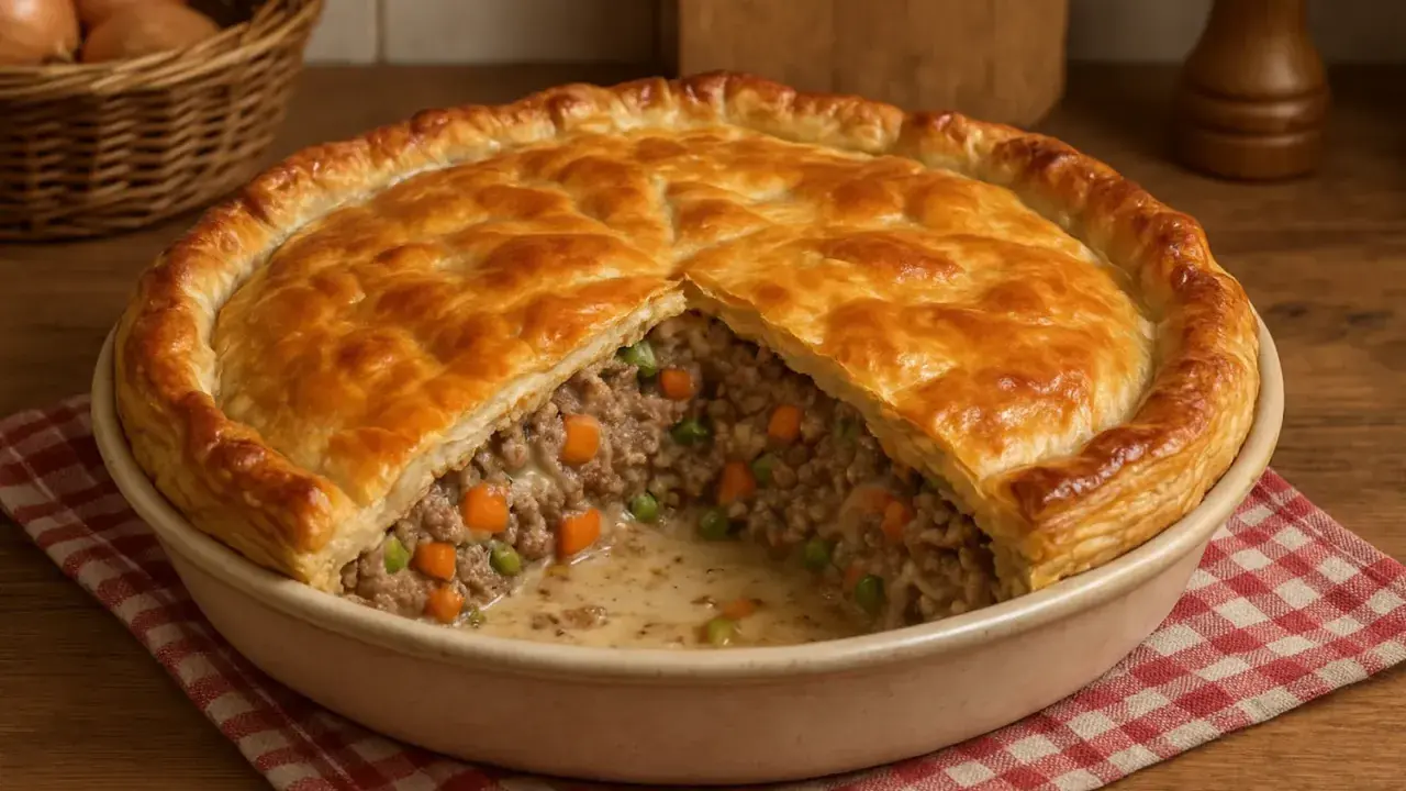 Herzhaftes Hackfleisch-Pasteten-Rezept mit Erbsen und Karotten, goldbraun gebacken.