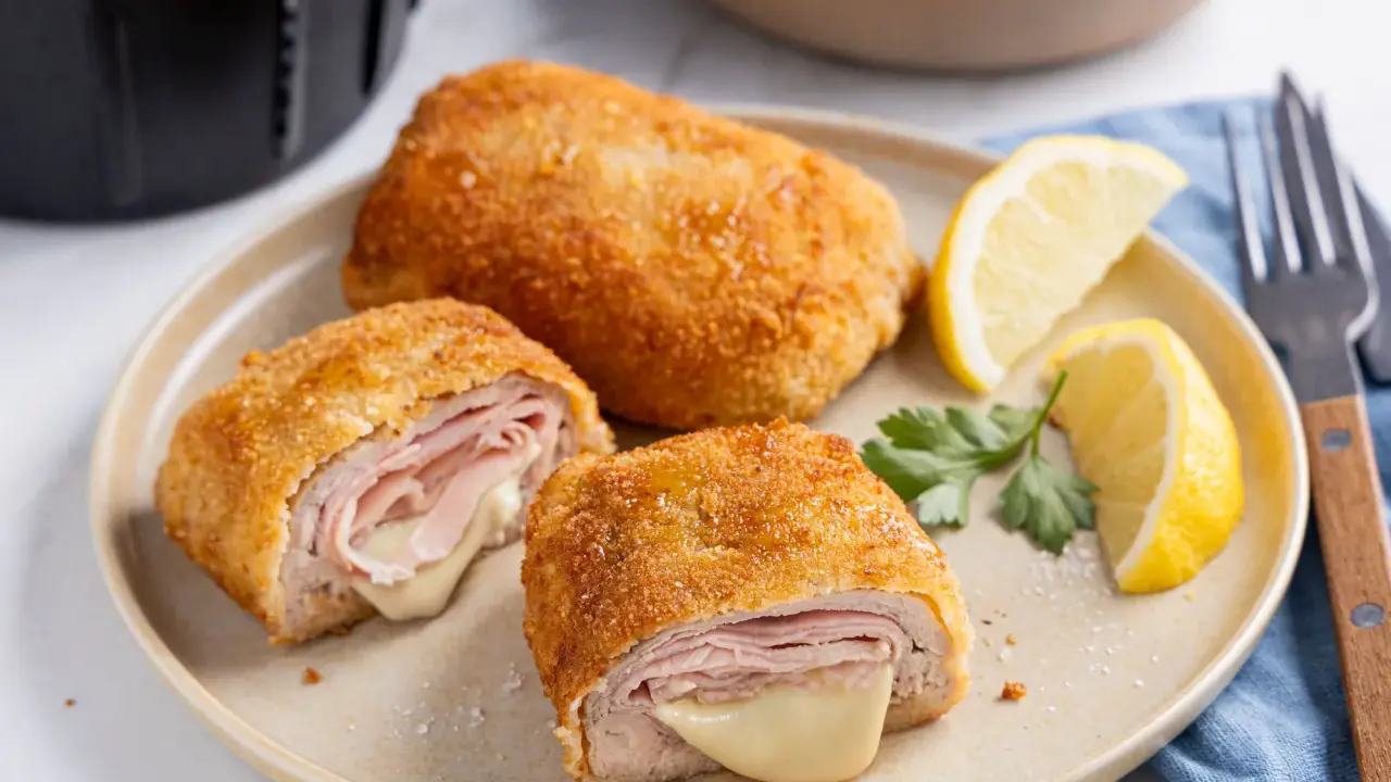 Perfektes Cordon Bleu aus dem Airfryer, goldbraun und mit schmelzendem Käse. Dazu Zitronenspalten und ein frischer Salat.