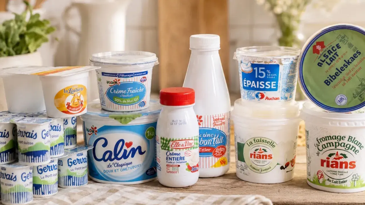 Eine Auswahl an Milchprodukten, darunter verschiedene Becher mit fromage blanc, Crème fraîche und Joghurt, auf einem Holztisch.