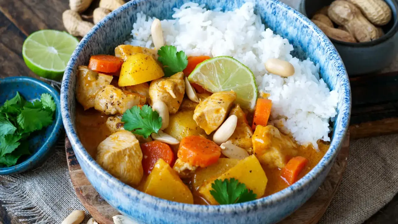 Ein köstlicher Massaman Curry mit Hühnchen, Kartoffeln, Karotten und Erdnüssen, serviert mit Reis. Der Massaman Curry Geschmack ist intensiv und aromatisch.