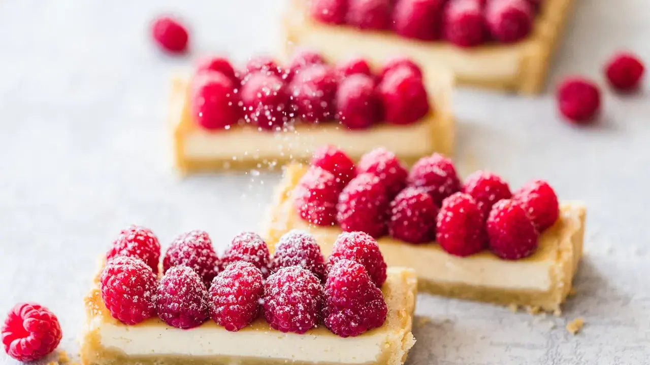 Drei rechteckige Tarte aux fruits mit frischen Himbeeren und Puderzucker bestreut.