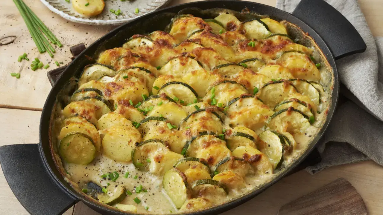 Herzhafte zucchini kartoffel rezepte: überbackene Scheiben aus Zucchini und Kartoffeln in cremiger Sauce, garniert mit Schnittlauch.