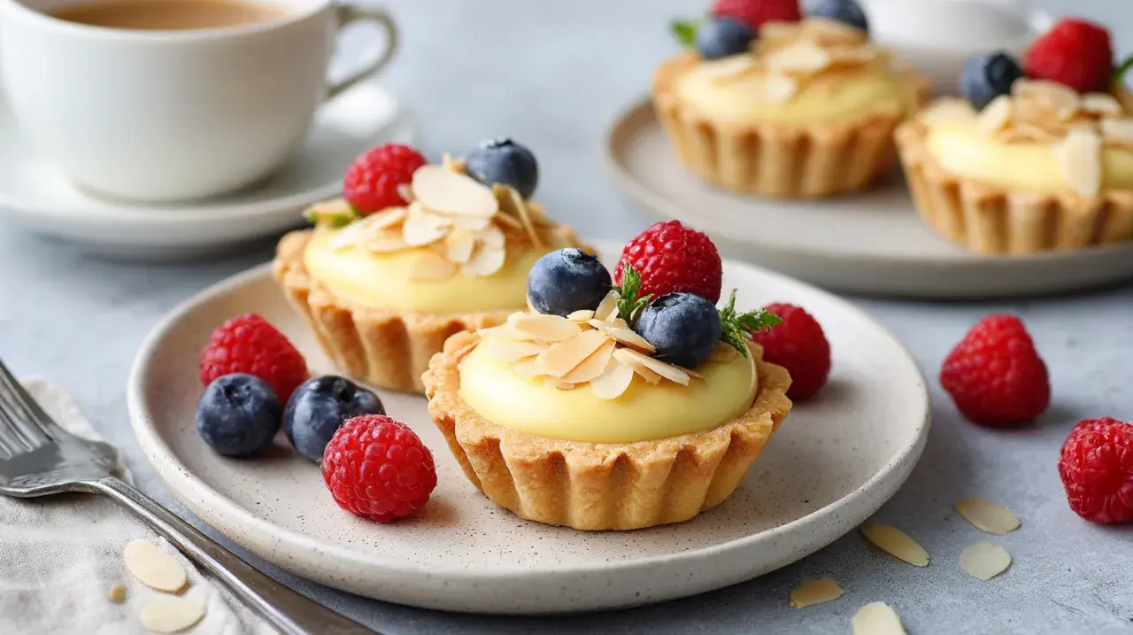 Zwei köstliche Vanille-Tartelettes mit frischen Beeren und Mandelsplittern, serviert auf einem Teller mit einer Kaffeetasse im Hintergrund.