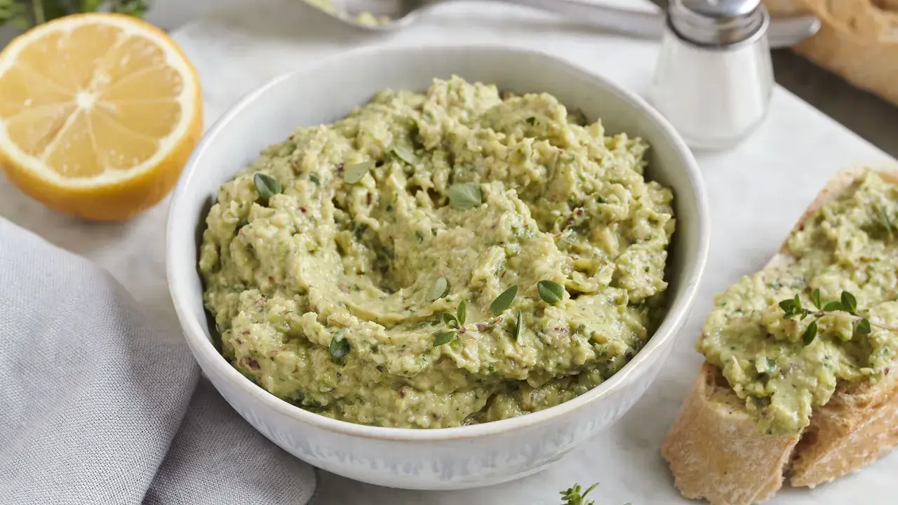 Ein cremiger Zucchini-Aufstrich mit Kräutern und Zitrone, serviert auf Brot.