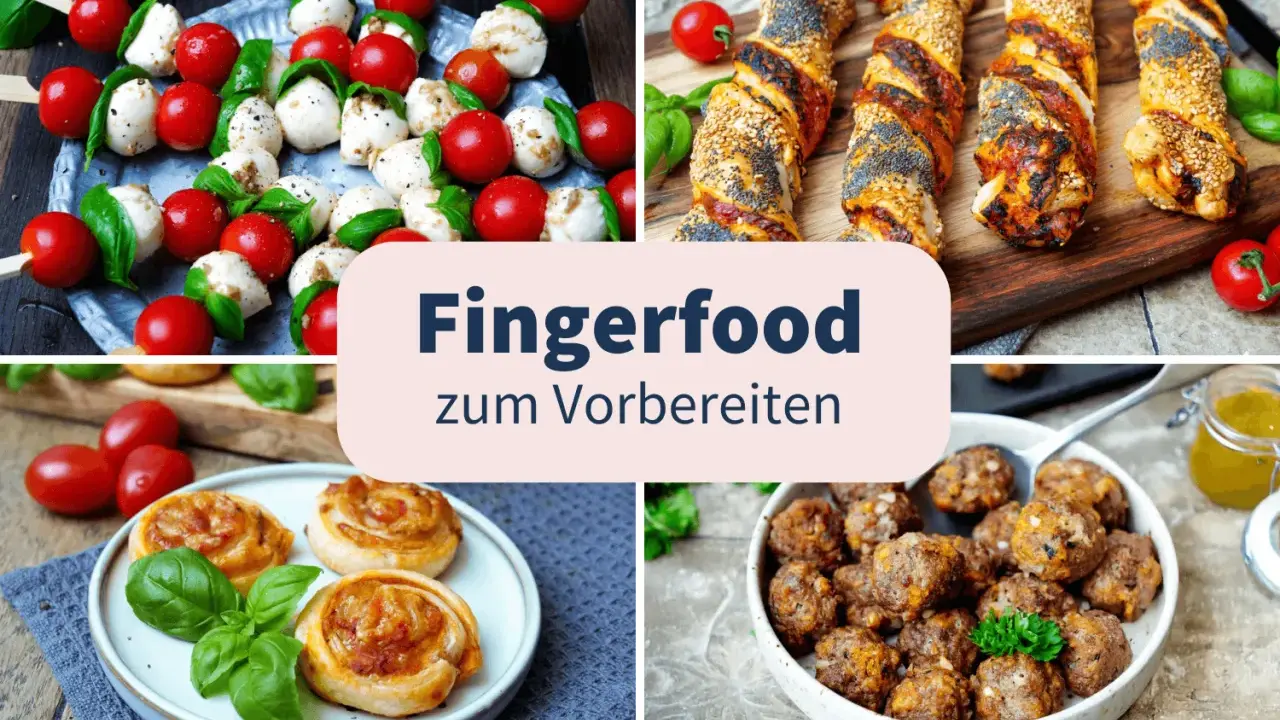 Vier Bilder zeigen Fingerfood: Caprese-Spieße, herzhafte Teigschnecken, Fleischbällchen und Blätterteigstangen mit Mohn und Sesam. Perfekt für salziges Fingerfood zum Vorbereiten!