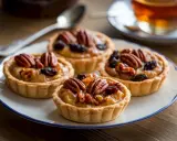 Vier kleine pekannuss tartelettes mit Rosinen auf einem Teller, daneben eine Tasse Tee und ein Löffel.
