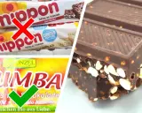 Ist Puffreis gesund? Nippon-Riegel mit rotem Kreuz, Rapunzel Rumba mit grünem Haken. Schokoriegel mit Nüssen und Reis.