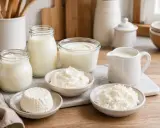 Verschiedene Milchprodukte, darunter Frischkäse, Quark und Joghurt, sind auf einem Holztisch arrangiert. Der fromage blanc deutsch ist cremig und frisch.