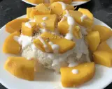 Ein Teller mit Klebreis, garniert mit saftigen Mango-Stücken, Kokosmilch und Sesam. Ein köstlicher **thai dessert mango**.