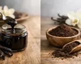 Vanillepaste in einem Glas und Vanillepulver in einer Holzschale. Beides zeigt, was ist vanillepaste und wie sie hergestellt wird.