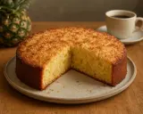 Ein saftiger **Ananas Kokos Kuchen** mit goldbrauner Kruste und Stückchen von Ananas im Inneren. Daneben eine Tasse Kaffee und eine frische Ananas.