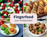 Vier Bilder zeigen Fingerfood: Caprese-Spieße, herzhafte Teigschnecken, Fleischbällchen und Blätterteigstangen mit Mohn und Sesam. Perfekt für salziges Fingerfood zum Vorbereiten!