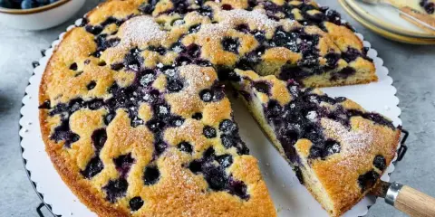 Saftiger Blaubeerkuchen, der nach viel Eiern schmeckt, mit Puderzucker bestäubt. Daneben eine Schüssel voller frischer Blaubeeren.