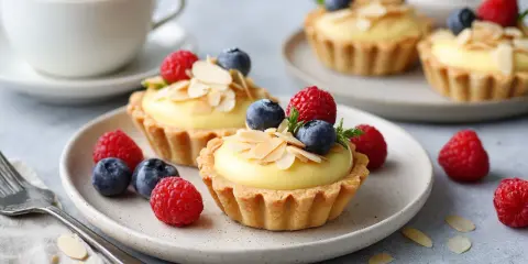 Zwei köstliche Vanille-Tartelettes mit frischen Beeren und Mandelsplittern, serviert auf einem Teller mit einer Kaffeetasse im Hintergrund.