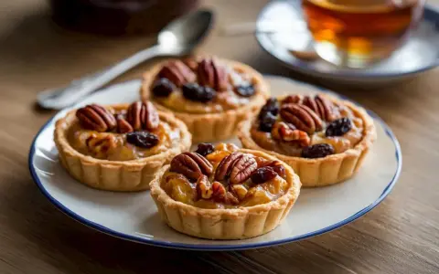 Vier kleine pekannuss tartelettes mit Rosinen auf einem Teller, daneben eine Tasse Tee und ein Löffel.