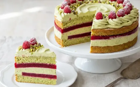 Eine wunderschöne Pistazien Torte mit Himbeerschichten und frischen Beeren. Ein Stück ist auf einem Teller angerichtet.