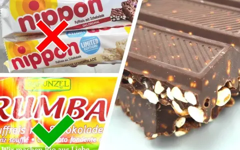 Ist Puffreis gesund? Nippon-Riegel mit rotem Kreuz, Rapunzel Rumba mit grünem Haken. Schokoriegel mit Nüssen und Reis.