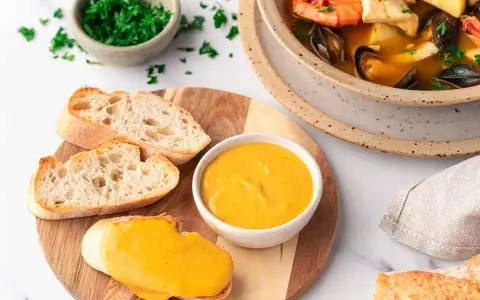 Ein köstliches Rouille-Rezept mit Brot und Meeresfrüchtesuppe. Die cremige Sauce passt perfekt zu den knusprigen Baguettescheiben.