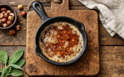 Bräunliche Butter zischt in einer Gusseisenpfanne. Daneben liegen Haselnüsse und Salbeiblätter. Das ist die Basis für köstliches Noisette.