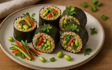 Sushi-Rollen mit braunem Reis, Edamame, Karotten und Gurken. Eine gesunde Mahlzeit voller Reis und Ballaststoffe.