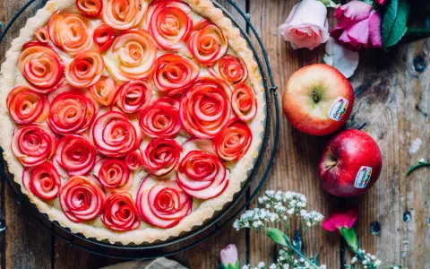 Ein wunderschöner Apfelrosen Kuchen, verziert mit zarten Apfelscheiben, die wie Rosen aussehen. Daneben liegen frische Äpfel und Blumen.