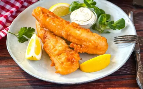 Zwei goldbraun frittierter Fisch mit Zitronenspalten, Sauce und Salat auf einem Teller.
