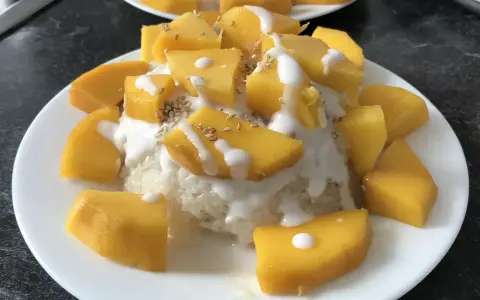 Ein Teller mit Klebreis, garniert mit saftigen Mango-Stücken, Kokosmilch und Sesam. Ein köstlicher **thai dessert mango**.