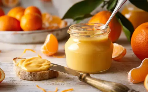 Ein Glas mit leuchtend gelbem orange curd steht neben frischen Orangen und einer Scheibe Brot, die damit bestrichen ist.