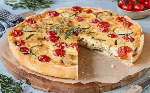 Eine köstliche, sommerliche Quiche mit Kirschtomaten und Zucchini, garniert mit frischem Thymian.