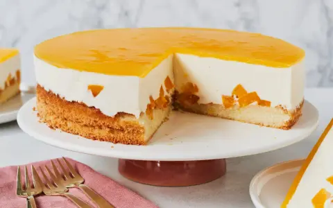 Fruchtige Torte mit Biskuitboden, Sahne und Aprikosenstückchen, überzogen mit einem gelben Tortenguss. Eine tolle Torten-Anleitung!