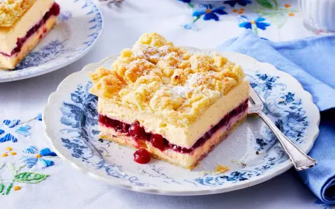 Ein Stück bester Pudding-Kuchen mit Kirschen und Streuseln auf einem blumengemusterten Teller.