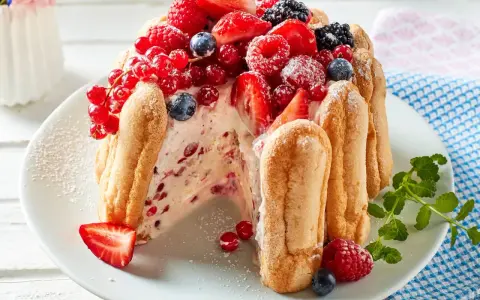 Eine köstliche Charlotte Torte, umhüllt von Löffelbiskuits und üppig belegt mit frischen Beeren wie Erdbeeren, Himbeeren und Johannisbeeren.