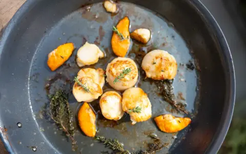 Gebratene Jakobsmuscheln mit Kürbisspalten und Thymian in einer Pfanne. Ein einfaches Jakobsmuscheln Rezept für Genießer.