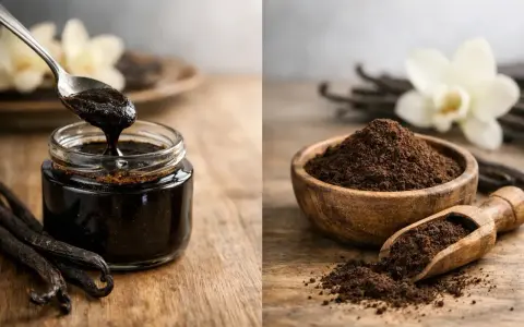 Vanillepaste in einem Glas und Vanillepulver in einer Holzschale. Beides zeigt, was ist vanillepaste und wie sie hergestellt wird.
