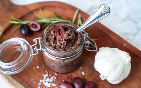Ein Glas hausgemachte Tapenade, perfekt für Ihr nächstes Tapenade Rezept. Oliven, Knoblauch und Rosmarin auf einem Holzbrett.