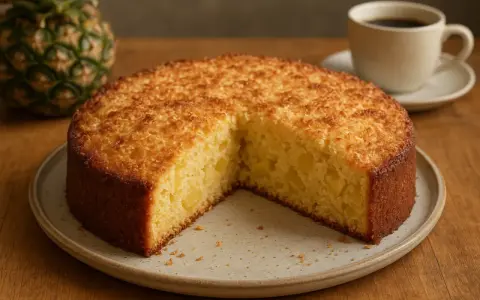 Ein saftiger **Ananas Kokos Kuchen** mit goldbrauner Kruste und Stückchen von Ananas im Inneren. Daneben eine Tasse Kaffee und eine frische Ananas.