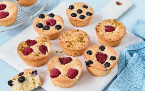 Kleine, goldbraune Financiers mit Himbeeren, Blaubeeren und Pistazien. Ein köstliches Financier Rezept zum Nachbacken.